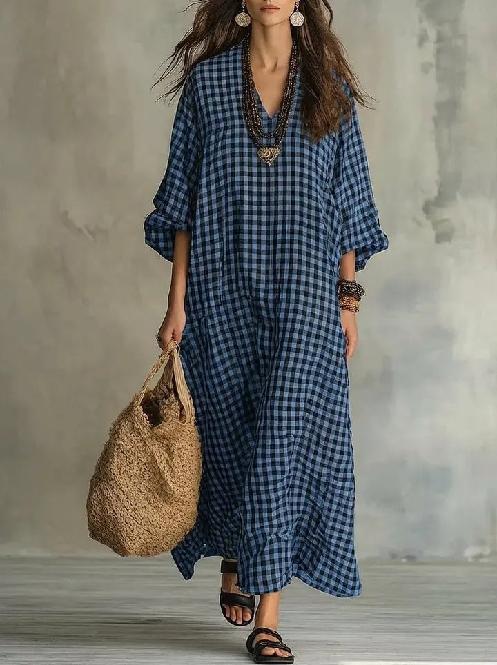 Retro Karo Leinenkleid für Damen