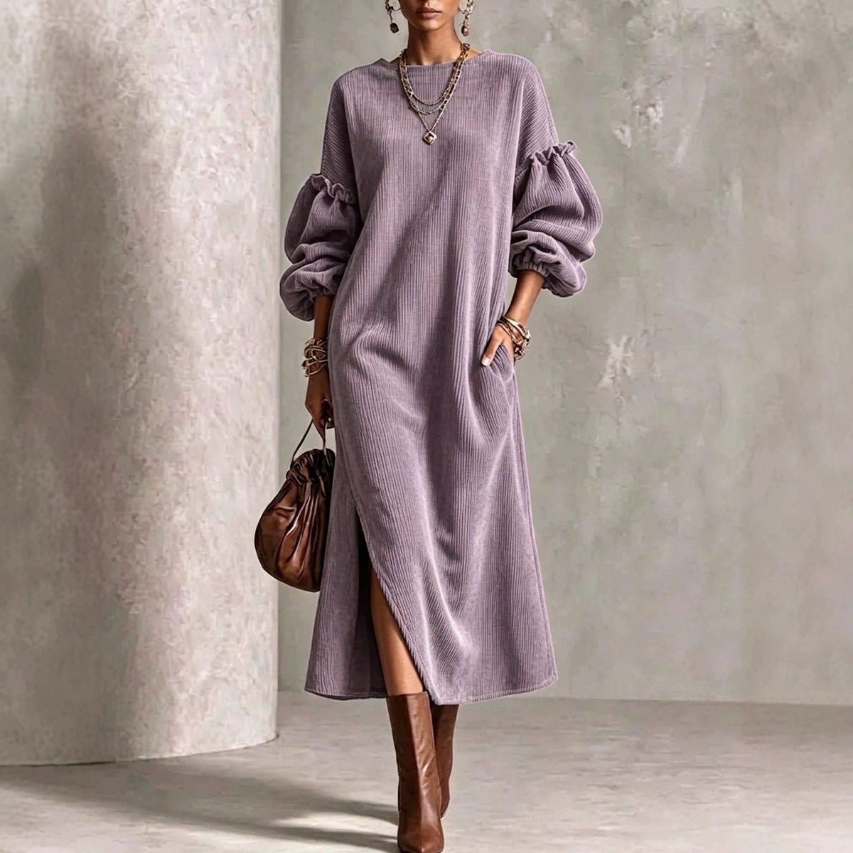 A-Linien-Kleid mit Rundhals und Puffärmeln – Bild 2 | LuxeStyle