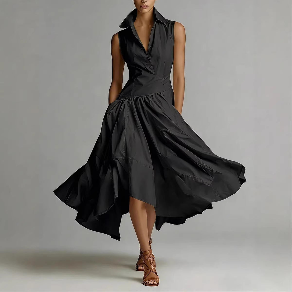 Ärmelloses Midikleid mit Hemdkragen