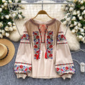 Retro Bestickte Puffärmel Bluse