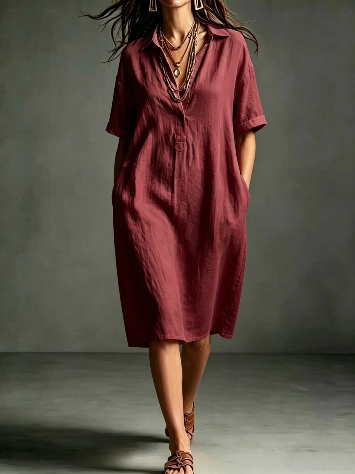 Ärmelloses V-Neck Kleid mit Taschen