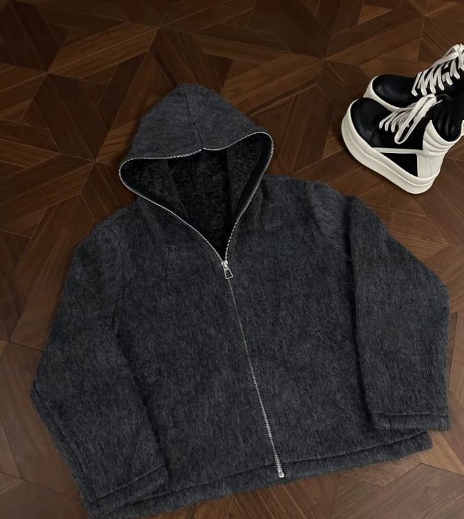 Woll-Mohair Strickjacke mit Kapuze