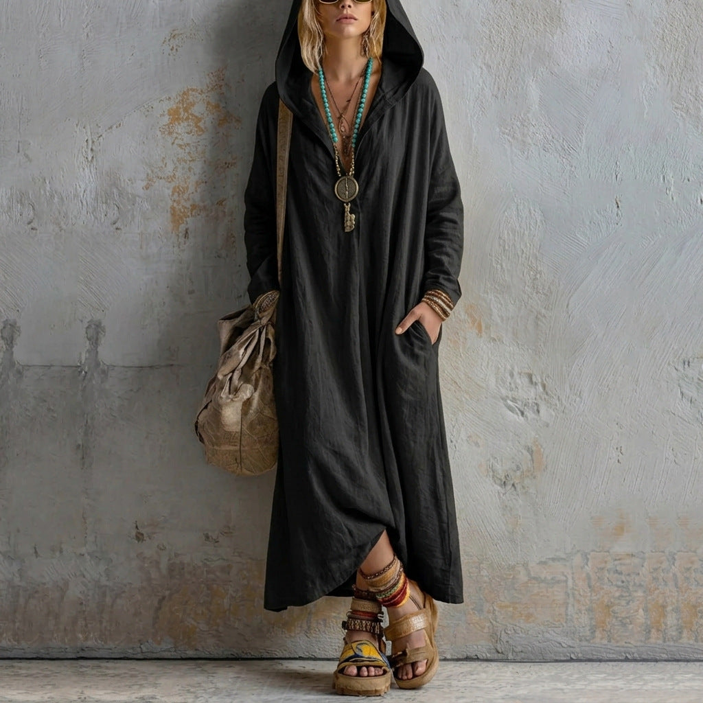 Kapuzen-Leinenkleid mit langen Ärmeln – Bild 5 | LuxeStyle