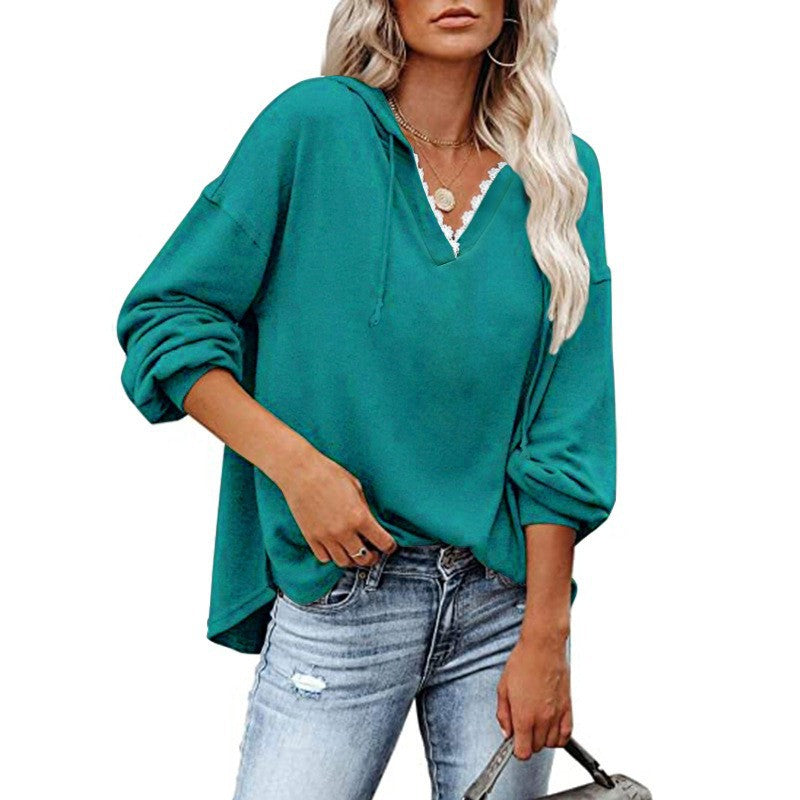 Kapuzen-Sweatshirt mit V-Ausschnitt und Spitze