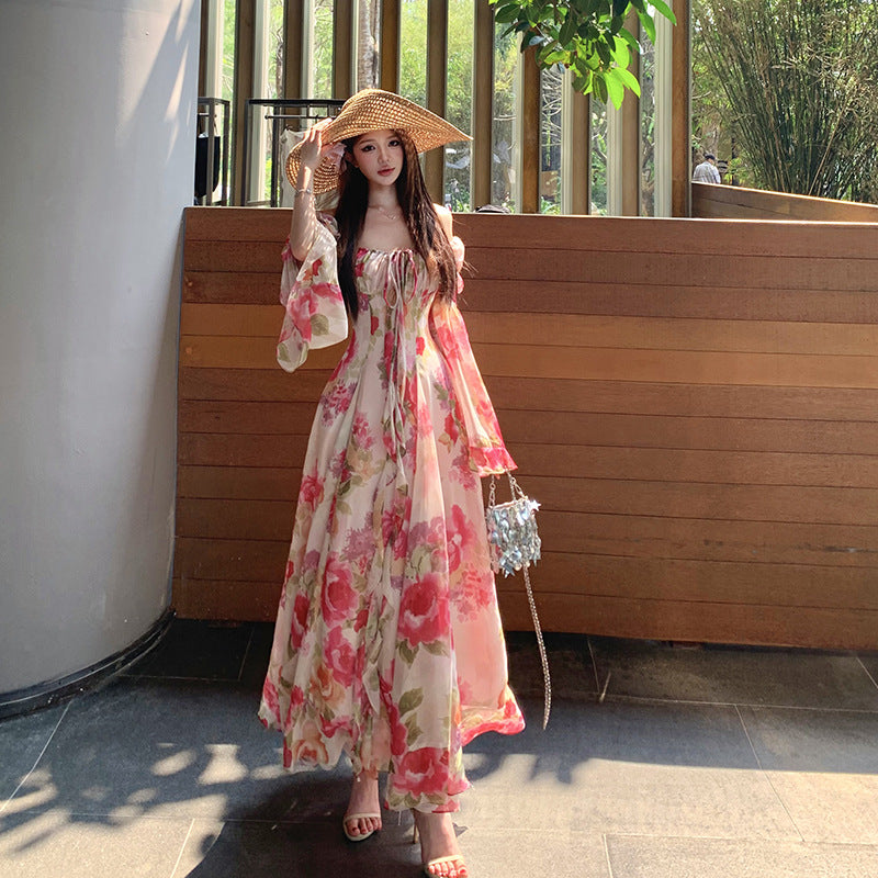 Mondlicht Rosenblüten Kleid mit Rundhalsausschnitt | LuxeStyle