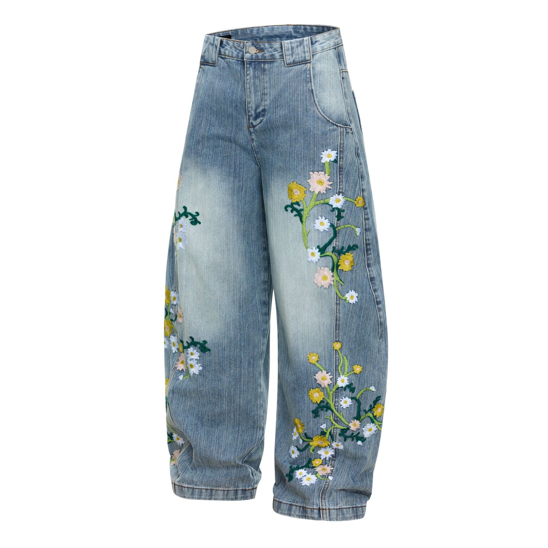 Jeans mit Blumenstickerei und weitem Bein