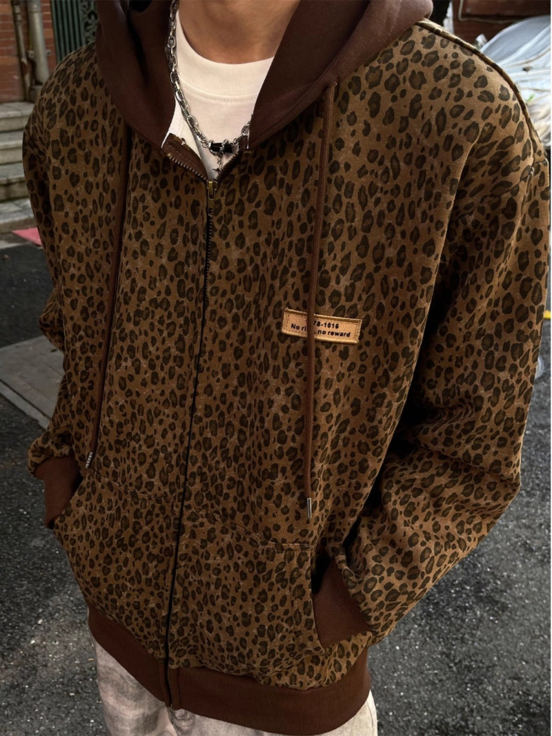 Retro Leopard-Print Cardigan mit Kapuze
