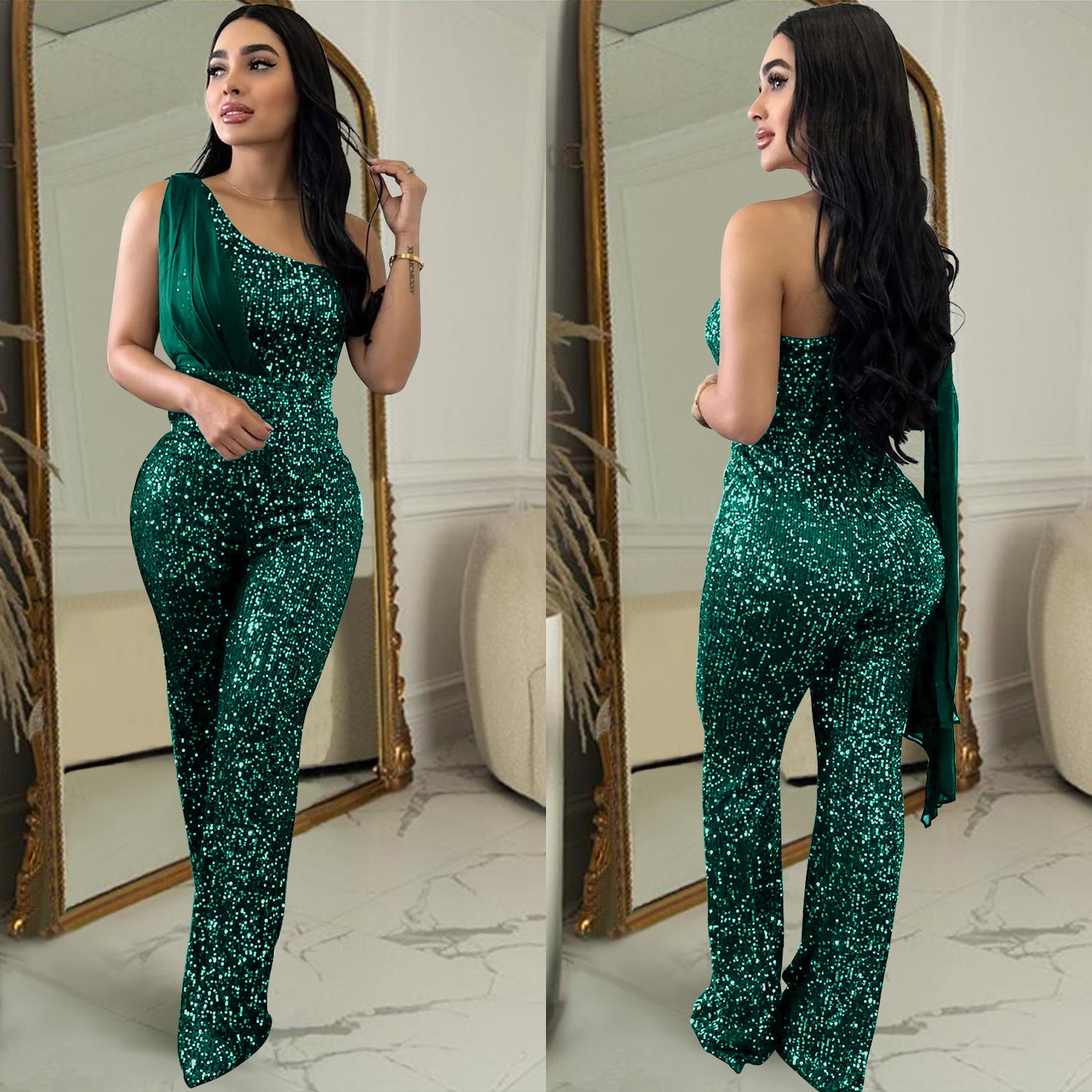 Eleganter Pailletten-Jumpsuit mit One-Shoulder