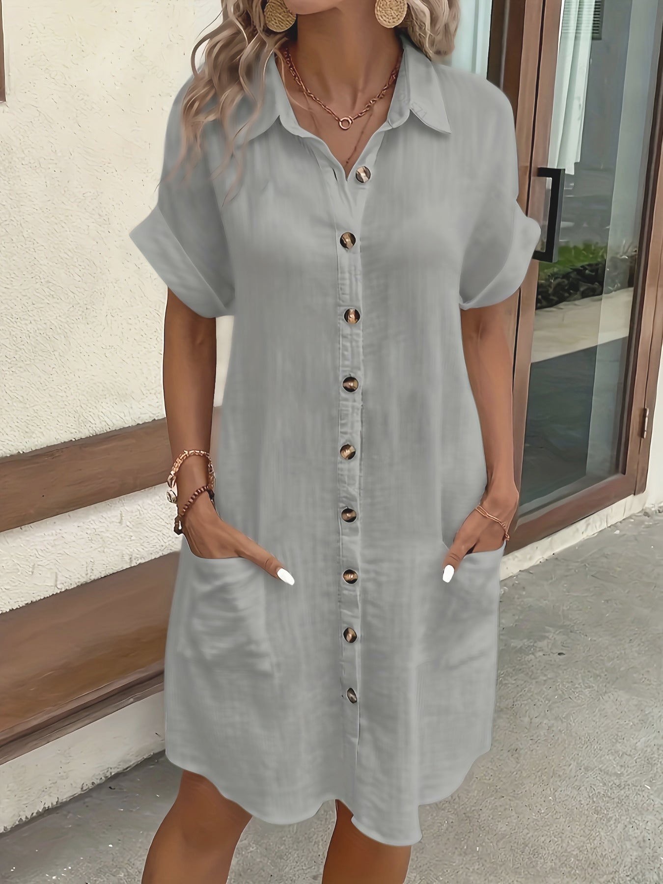 Kurzes Leinen-Baumwoll Cardigan-Kleid