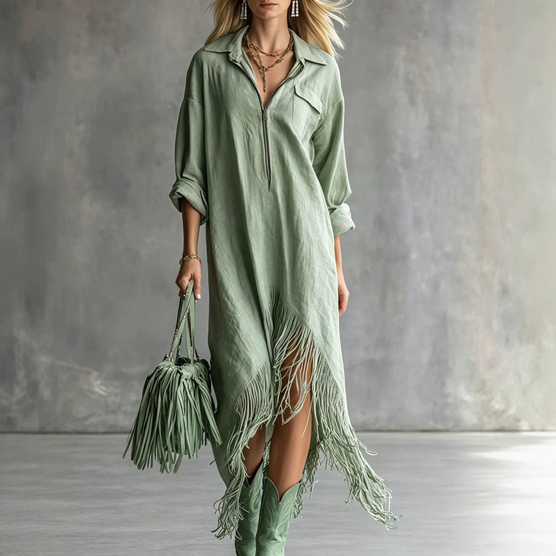 Retro-Fransenkleid mit langen Ärmeln