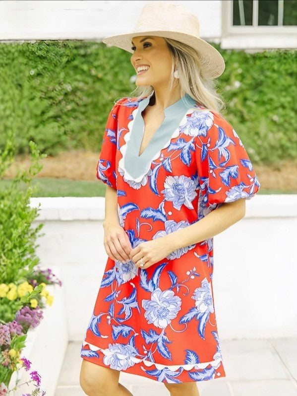 Damen Kleid mit Spitze und Farbblock-Print