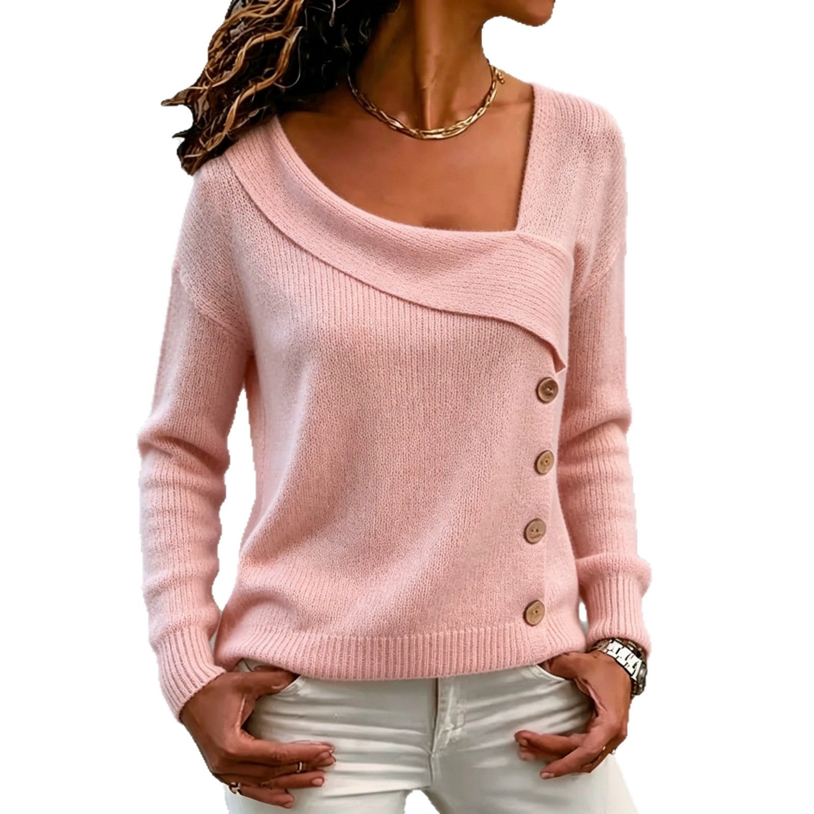 Damen Strickpulli mit asymmetrischen Knöpfen