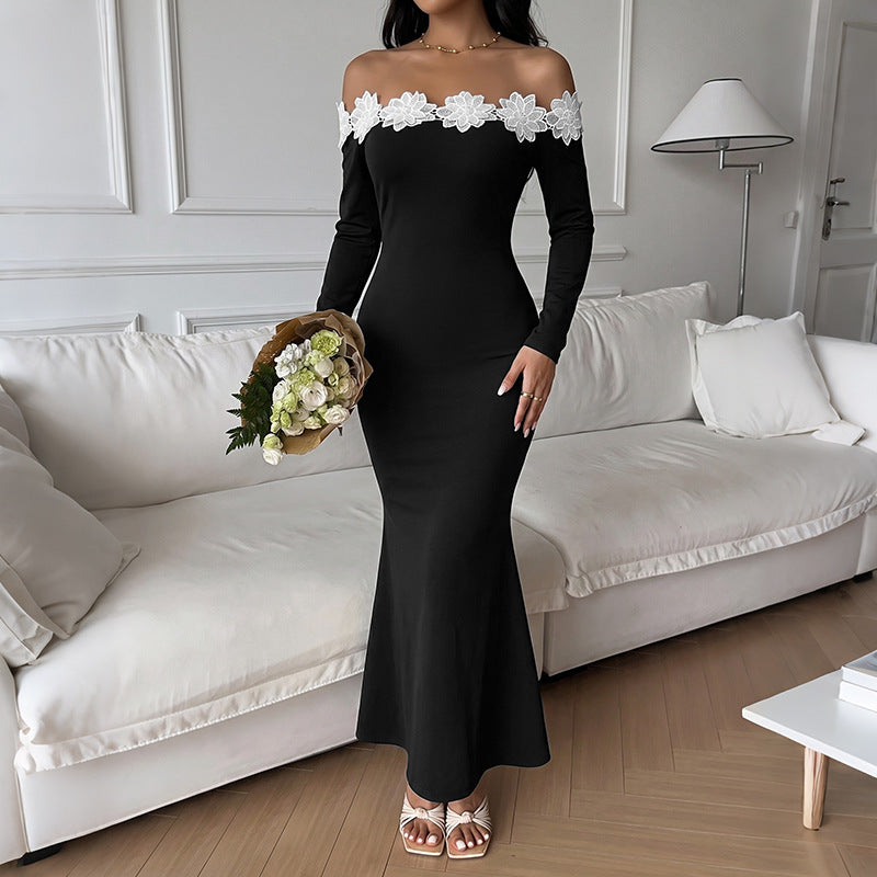 Elegantes Off-Shoulder Maxikleid mit Blumen-Patchwork