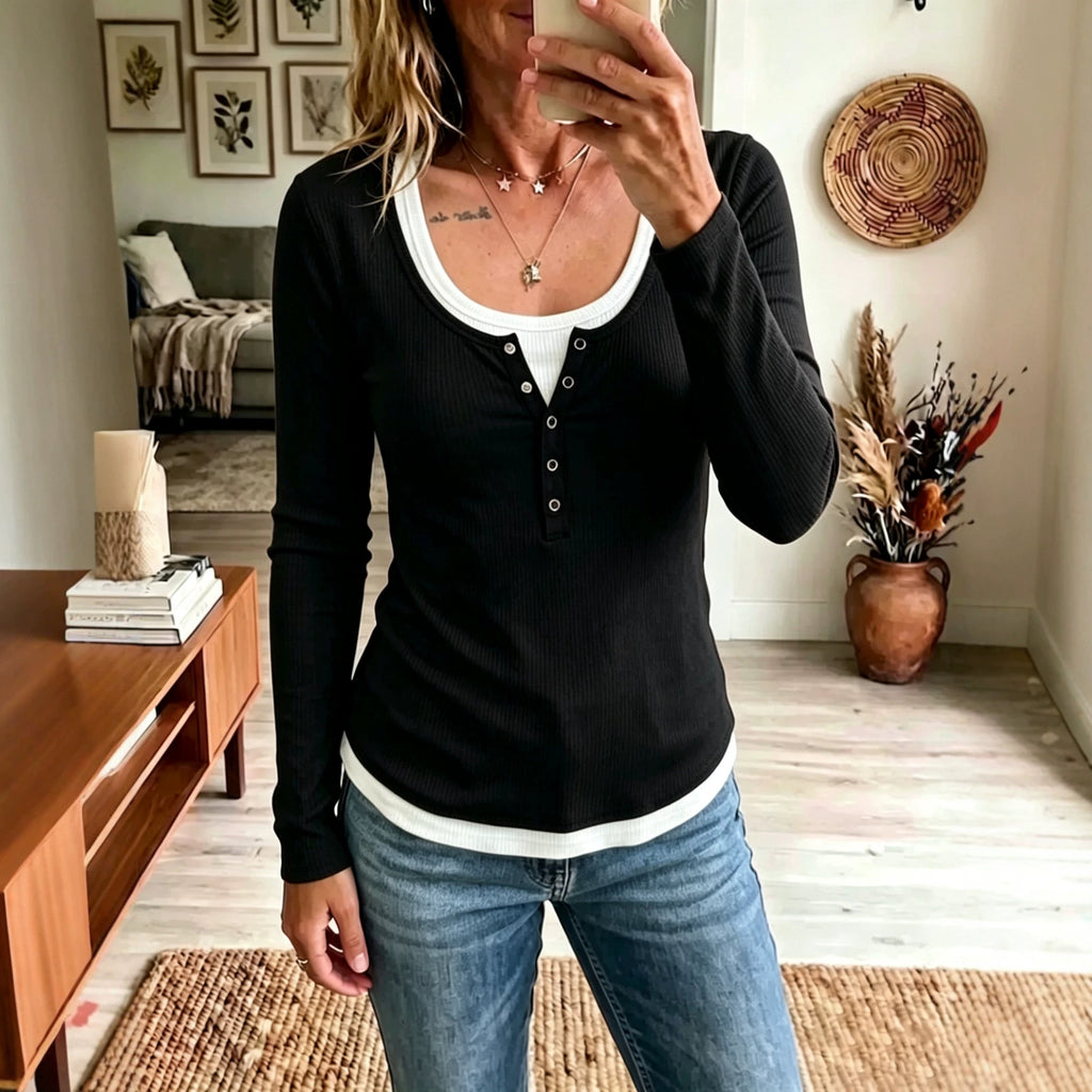 Damen Color-Block Langarm-Shirt mit Slim Fit – 2-Tonig
