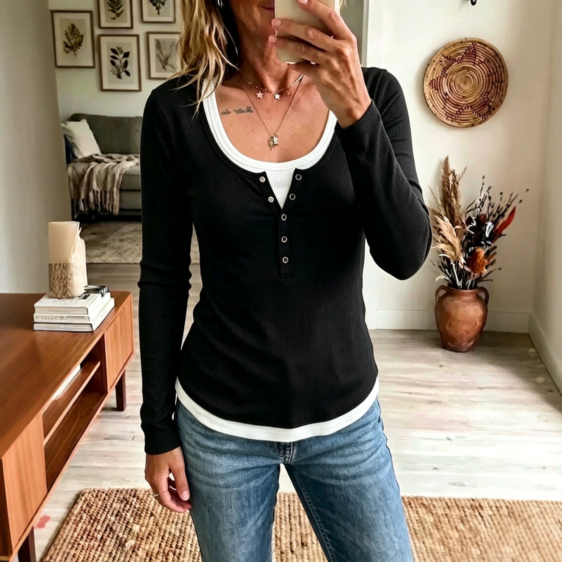 Damen Color-Block Langarm-Shirt mit Slim Fit – 2-Tonig