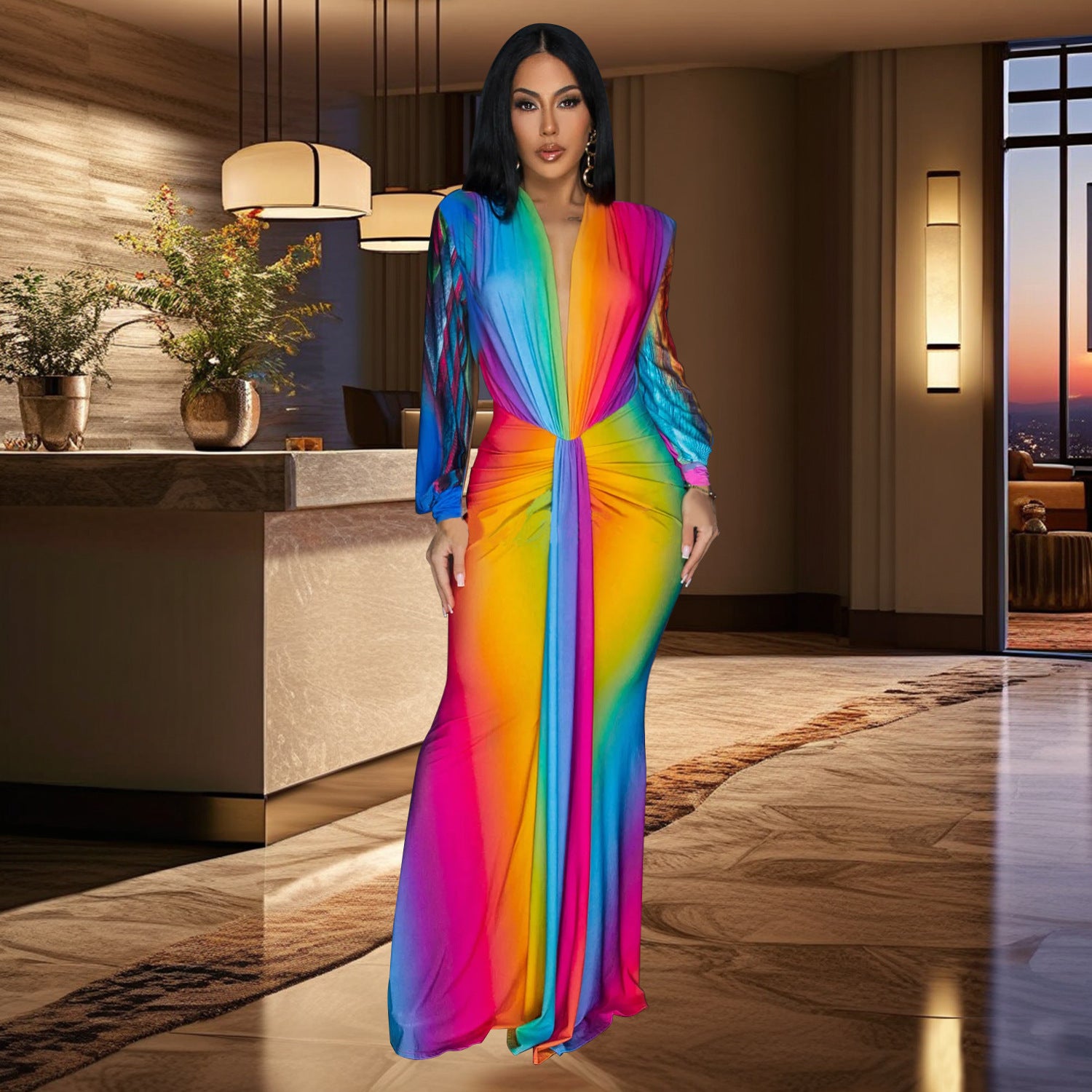 Tie-Dye Maxikleid mit tiefem V-Ausschnitt