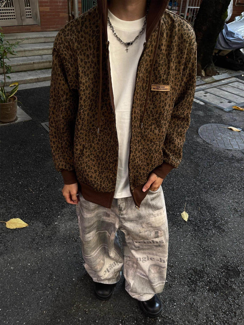 Retro Leopard-Print Cardigan mit Kapuze