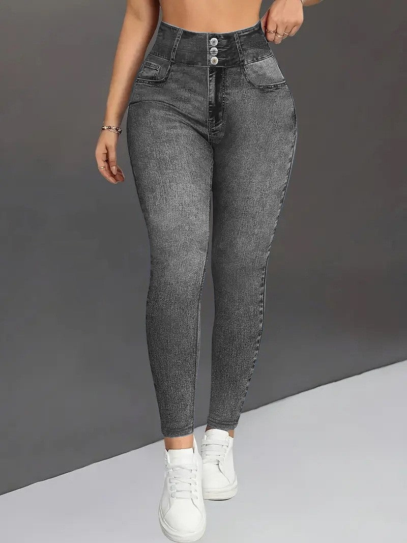Denim-Look Leggings mit hohem Bund