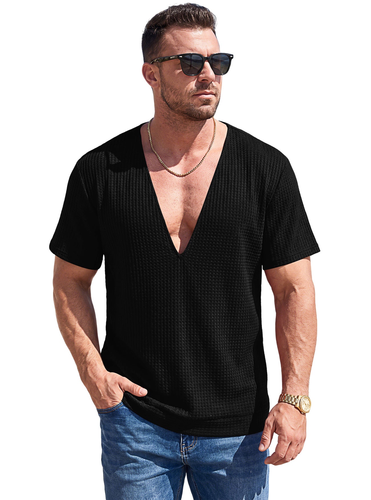 Einfarbiges Wellen-Web T-Shirt mit Tief-V-Ausschnitt Kurzarm
