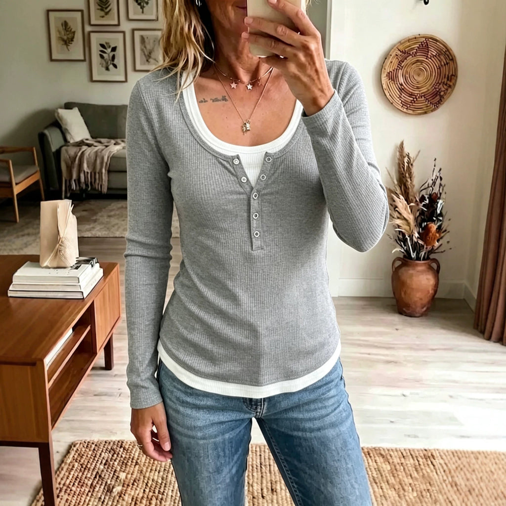 Damen Color-Block Langarm-Shirt mit Slim Fit – 2-Tonig