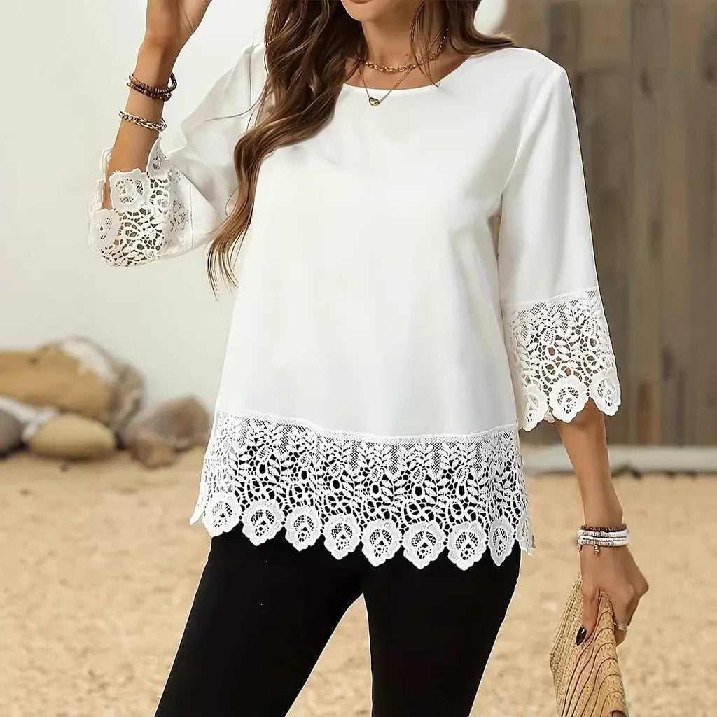 Spitzenbesetztes Patchwork T-Shirt mit Rundhals – Ansicht 2