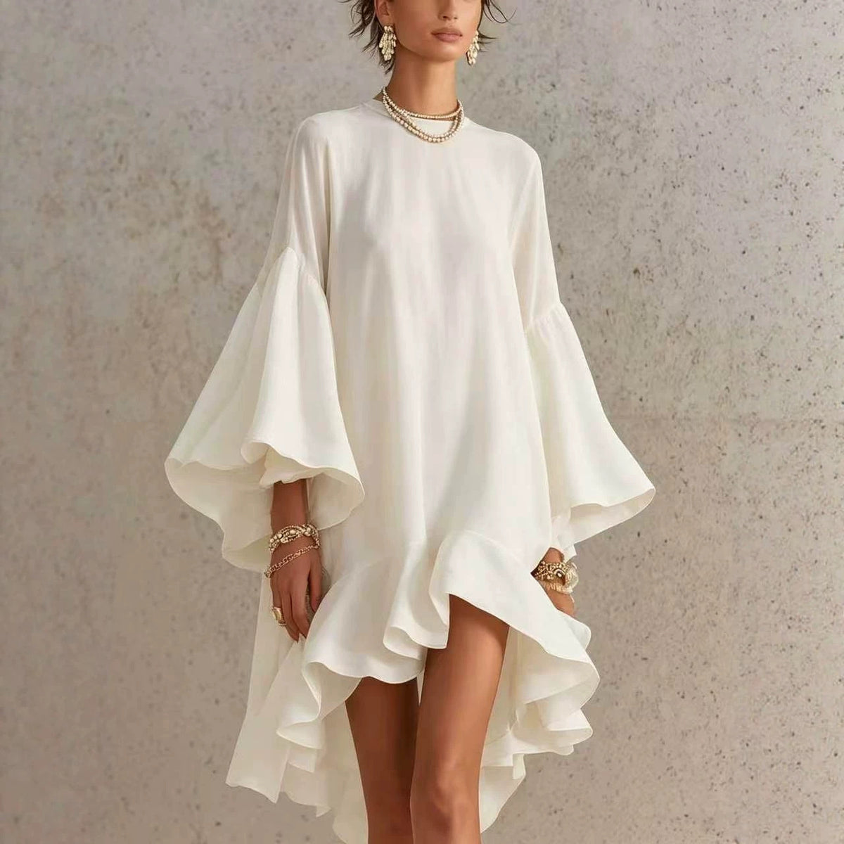 Asymmetrisches Chiffonkleid mit Puffärmeln – Bild 8 | LuxeStyle