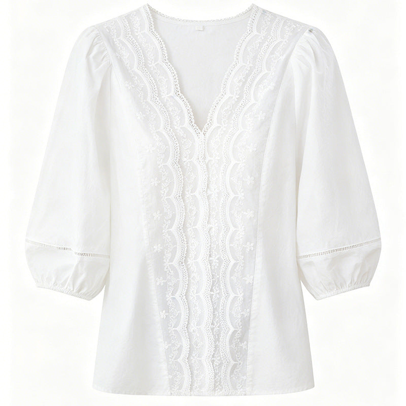 Elegante V-Neck Bluse mit Spitze und Lochstickerei