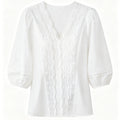 Elegante V-Neck Bluse mit Spitze und Lochstickerei
