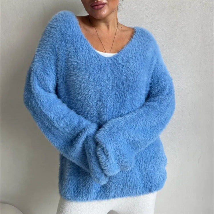 V-Neck Strickpullover aus Faux-Mink Samt
