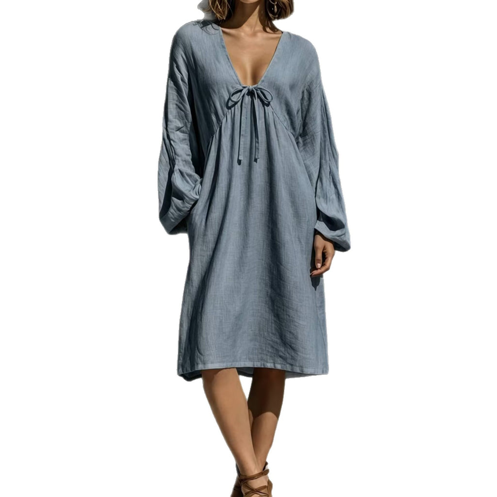 V-Ausschnitt Schnürkleid aus Baumwoll-Leinen