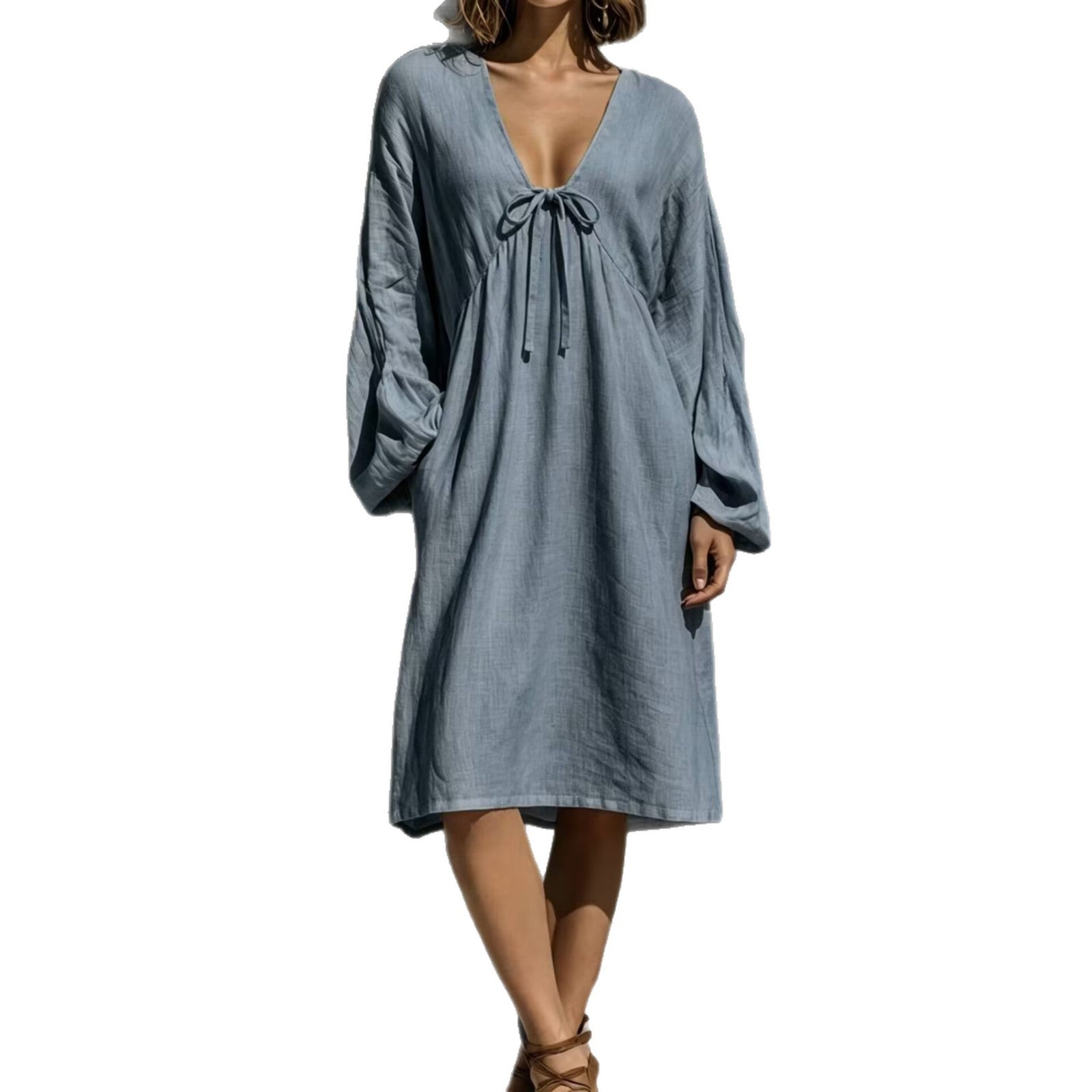V-Ausschnitt Schnürkleid aus Baumwoll-Leinen
