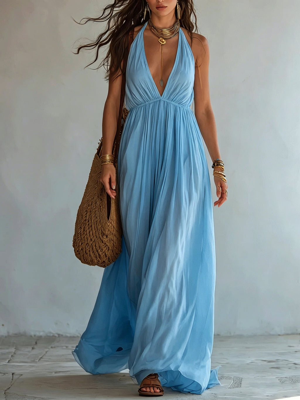 Elegantes Neckholder-Maxikleid mit tiefem V-Ausschnitt | LuxeStyle