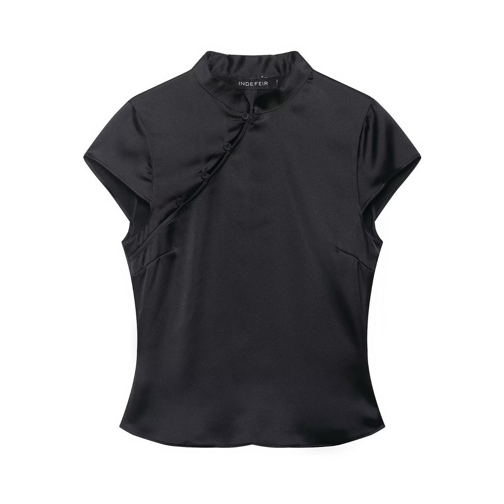 Satin-Top im China-Stil mit Mandarinkragen