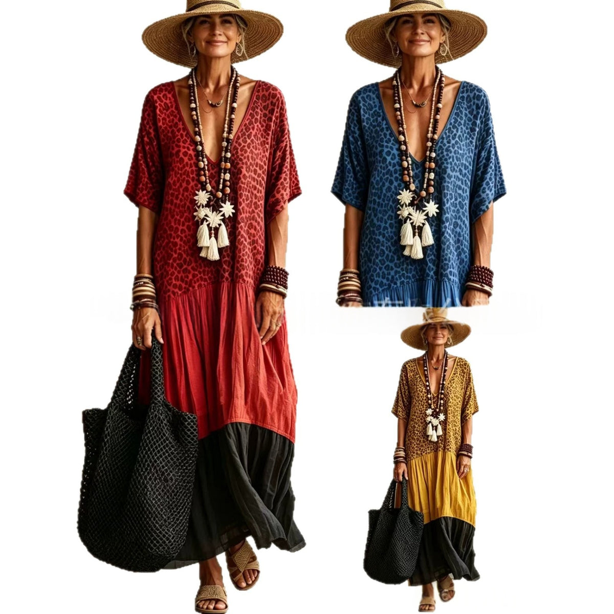 Langes Casual-Kleid mit Leo-Print und Color-Blocking – Bild 3 | LuxeStyle
