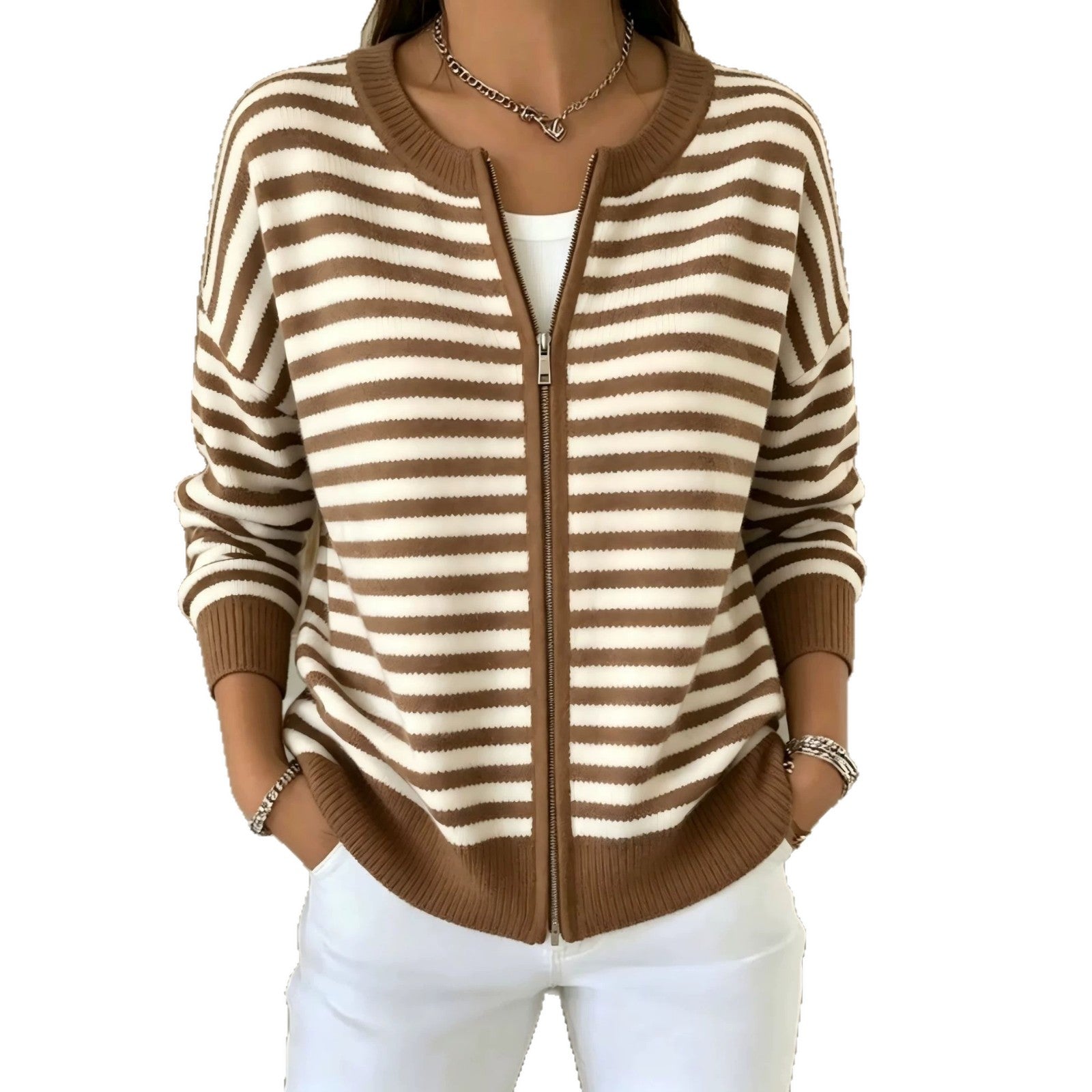 Gestreifte Strickjacke mit Reissverschluss