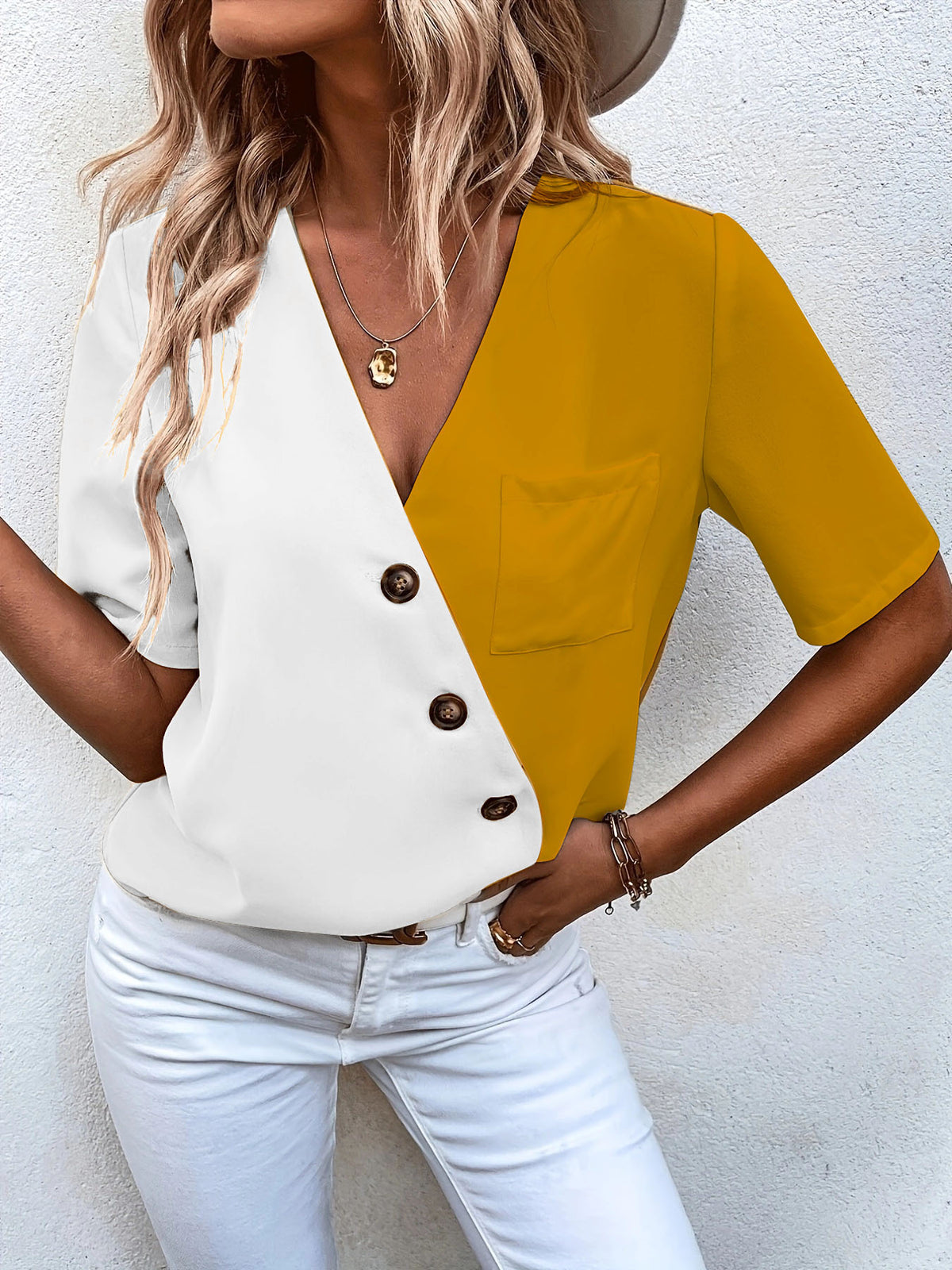 Eleganter Color-Block Cardigan Kurzarm-Shirt – Bild 10 | LuxeStyle