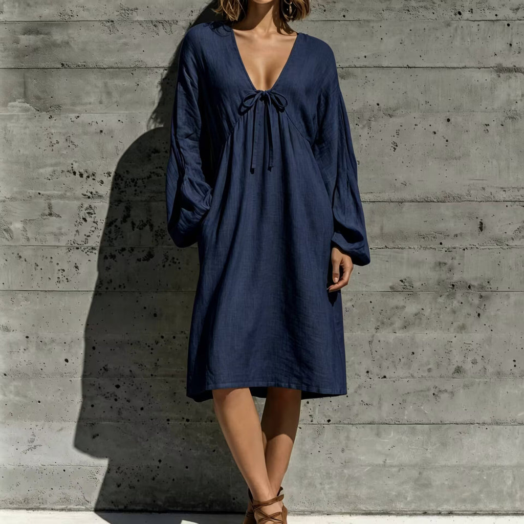 V-Ausschnitt Schnürkleid aus Baumwoll-Leinen