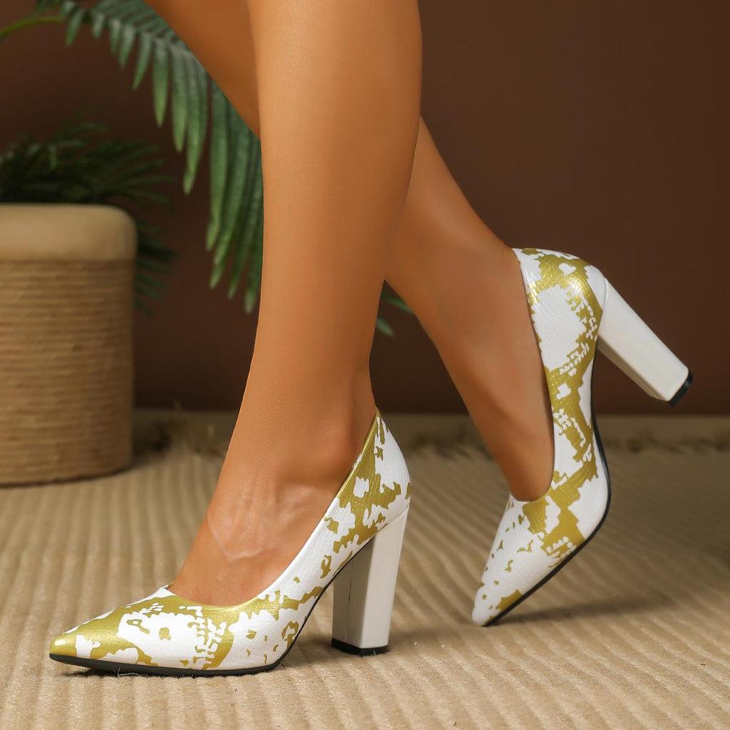 Damen Low-Cut Pumps mit Zufallsdrucken und Blockabsätzen