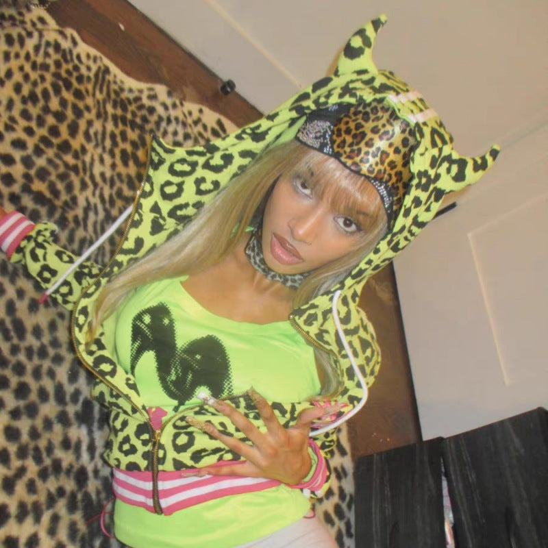 Gelber Leopard-Hoodie mit Teufelshörnern