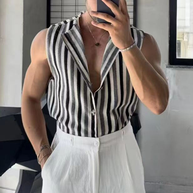 Schwarzes und graues gestreiftes Hemd ohne Ärmel – Bild 3 | LuxeStyle