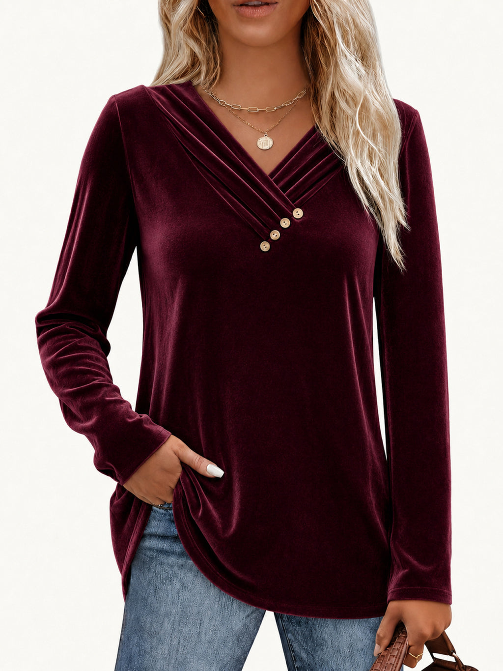 Einfarbiges Langarm-Shirt mit V-Ausschnitt für Damen