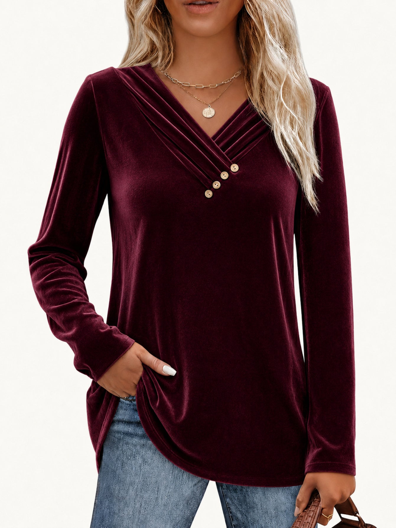 Einfarbiges Langarm-Shirt mit V-Ausschnitt für Damen
