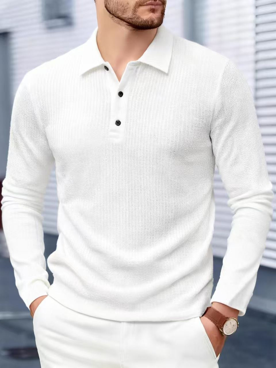 Langärmliges Polo-Shirt in Weiss – Bild 4 | LuxeStyle