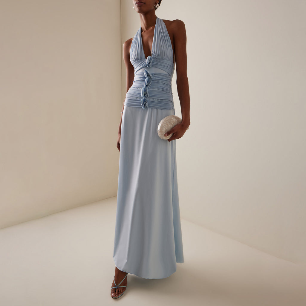 Blaues Strickkleid mit tiefem V-Rücken und Blumen – Bild 5 | LuxeStyle