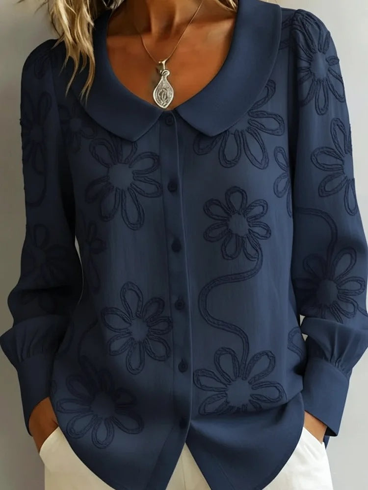 Damen-Langarmshirt mit Stickerei und Kragen | LuxeStyle