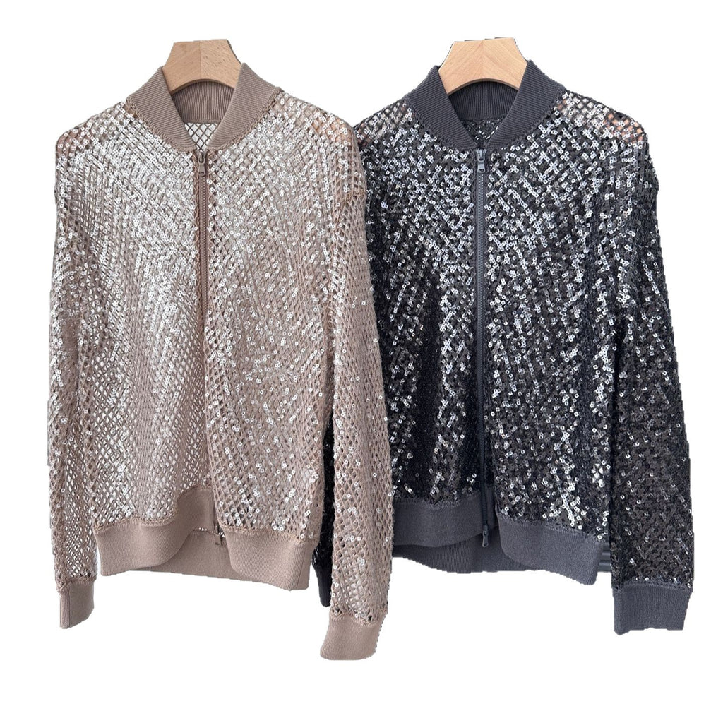 Leinen-Blazer mit Pailletten und Stehkragen