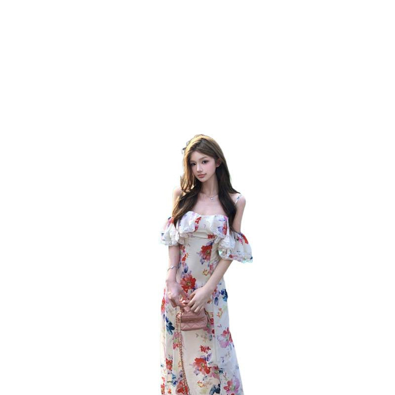 Geblümtes Chiffon-Kleid mit Rüschen