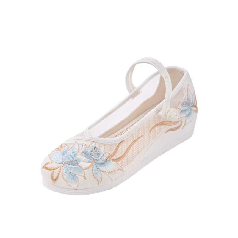 Bestickte Sommer-Mesh-Sandalen mit Keilabsatz