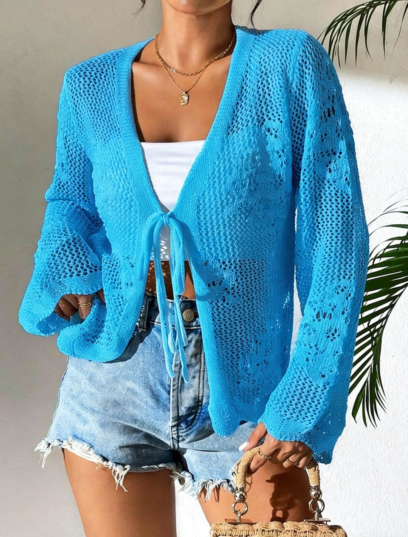 Strick-Cardigan mit Lochmuster und Schnürung – Ansicht 5