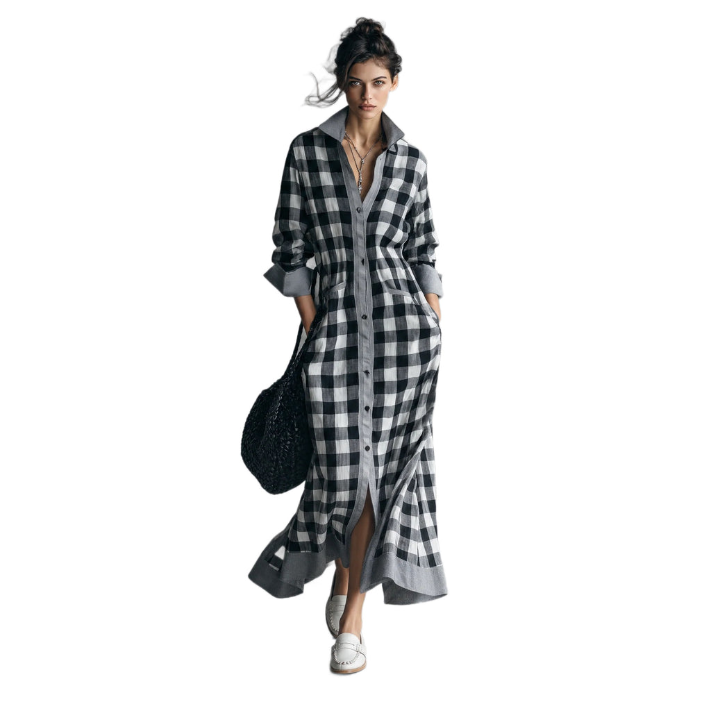 Kariertes Langarm-Hemdblusenkleid für Damen